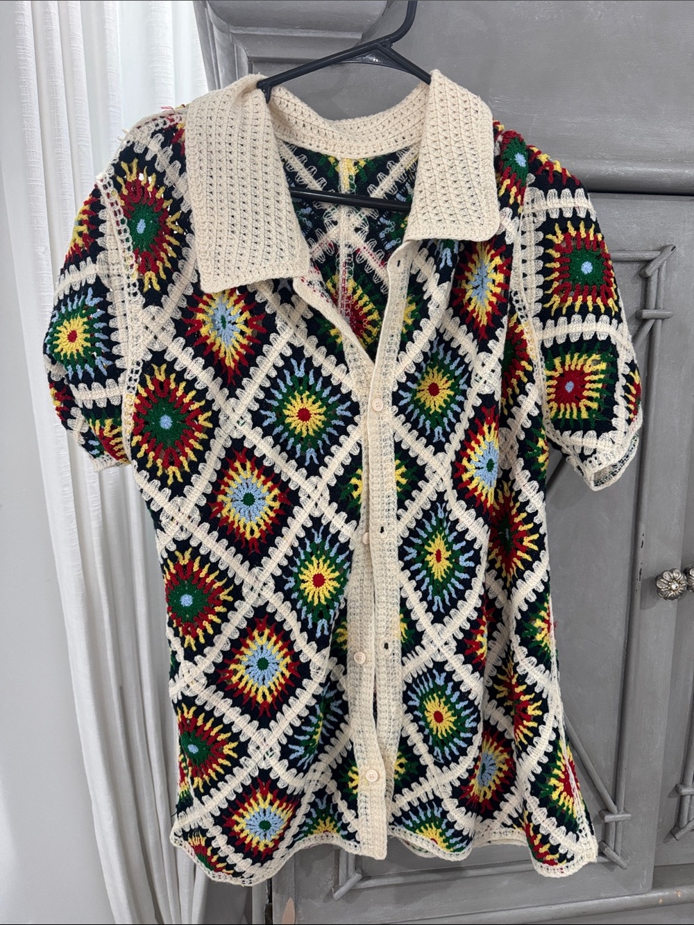 Men Handmade Crocheted Button-Up Top in Multicolor